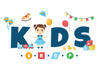 Kids Shop Building Template Hand Drawn Cartoon Flat Style Illustration with Children Equipment such as Clothes or Toys for Shopping Concept