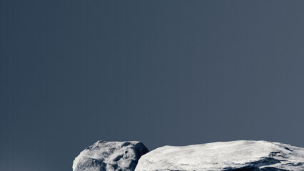 3d stone podium background products display mockup 3d render. scene on white floor, leaf, rock, and navy blue background podium shape nature. stand show cosmetic product. Stage showcase on pedestal.