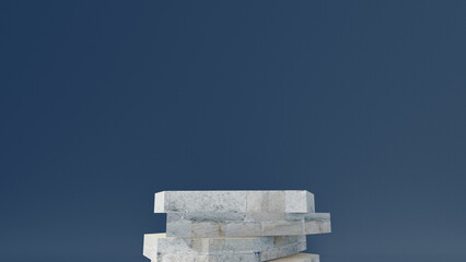 3d stone podium background products display mockup 3d render. scene on white floor, leaf, rock, and navy blue background podium shape nature. stand show cosmetic product. Stage showcase on pedestal.