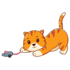 Cute Cat Playing Mouse Toy. Animal Icon Concept. Flat Cartoon Style. Suitable for Web Landing Page, Banner, Flyer, Sticker, Card