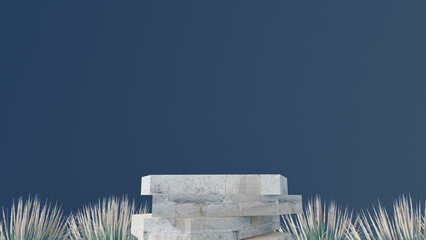 3d stone podium background products display mockup 3d render. scene on white floor, leaf, rock, and navy blue background podium shape nature. stand show cosmetic product. Stage showcase on pedestal.