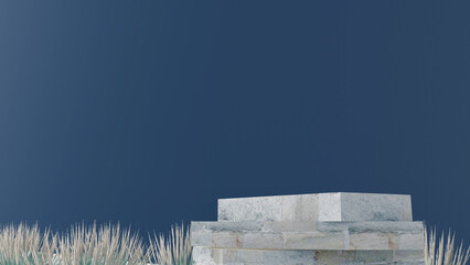 3d stone podium background products display mockup 3d render. scene on white floor, leaf, rock, and navy blue background podium shape nature. stand show cosmetic product. Stage showcase on pedestal.