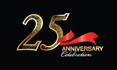 25 Year Anniversary celebration Vector Design with red ribbon and glitter. 25th Anniversary celebration. Gold Luxury Banner of 25th Anniversary. twenty-fifth celebration card