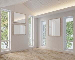 Fototapeta na wymiar Empty room white tone and mock up picture frames interior home.3d rendering