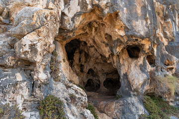 The cave  in which the primitive man lived in the national reserve - Nahal Mearot Nature Preserve, near Haifa, in northern Israel