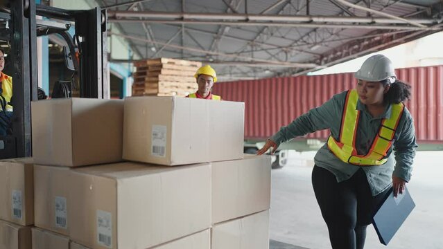 Forklift driver loading a shipping cargo container pallet with cardboard boxes in warehouse and safety inspector managing the process. And recheck the box on forklift
