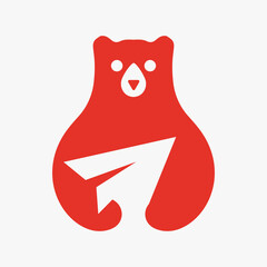 Bear Paper Plane Logo Negative Space Vector Template. Bear Holding Paper Plane Symbol