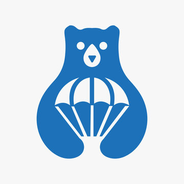 Initial Bear Parachute Logo Negative Space Vector Template. Bear Holding Parachute Symbol