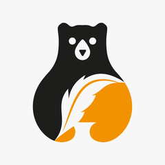 Bear Feather Logo Negative Space Vector Template. Bear Holding Feather Symbol