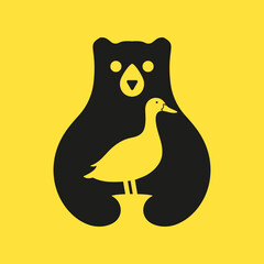Initial Bear Duck Logo Negative Space Vector Template. Bear Holding Duck Symbol