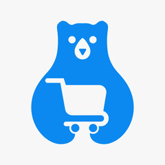 Initial Bear Cart Logo Negative Space Vector Template. Bear Holding Trolley Symbol