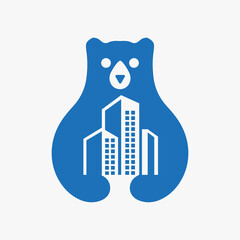 Initial Bear Building Logo Negative Space Vector Template. Bear Holding Building Symbol