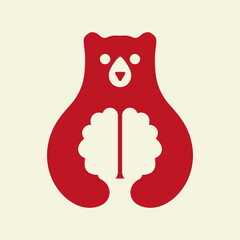 Initial Bear Brain Logo Negative Space Vector Template. Bear Holding Brain Symbol