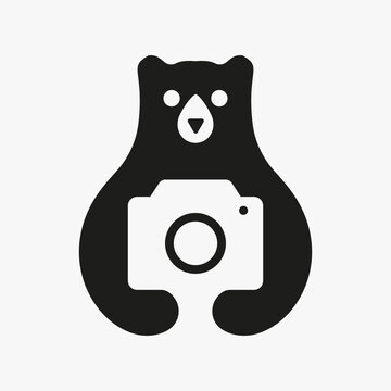 Initial Bear Photographer Logo Negative Space Vector Template. Bear Camera Coffee Symbol