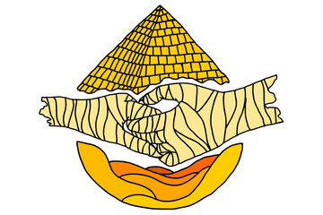 Hand Holding Mummy Couple With pyramids and desert Theme