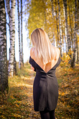 A girl in a black short dress walks on a beautiful autumn day in the park. Autumn Park.