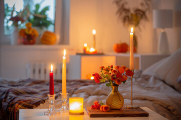 autumnal chrysanthemum in vase with burning candles in bedroom