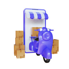 3d render of online delivery service, courier fast response delivery, package shipping on mobile with purple scooter, order tracking with map from online shopping
