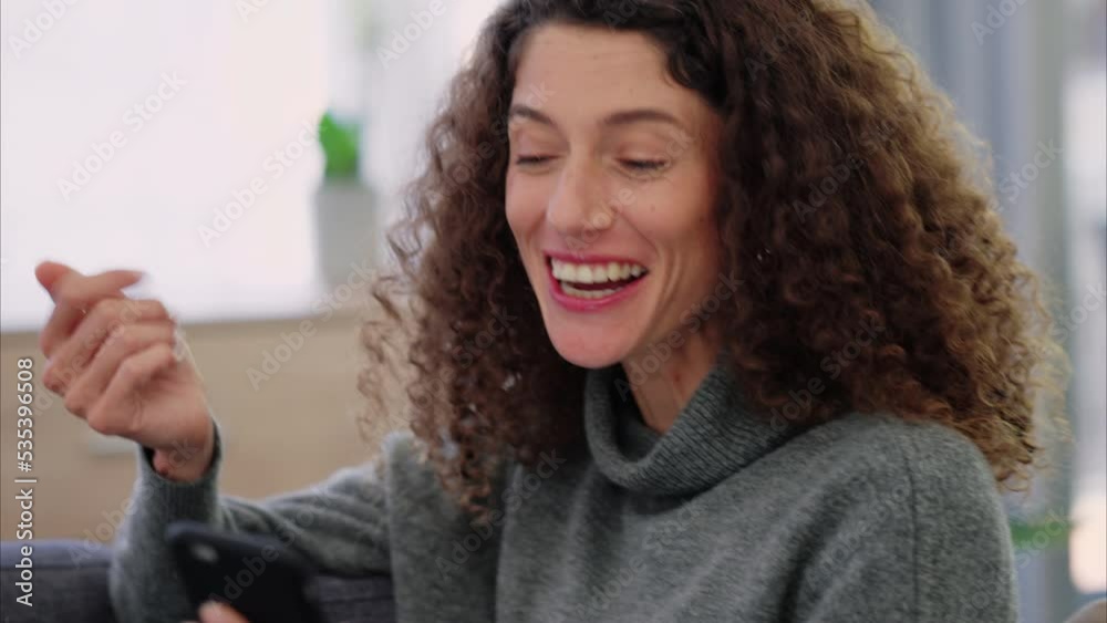 Aufkleber woman, phone and video call talking in happy conversation on app on internet for communication. lady