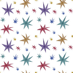 Seamless pattern with colorful stars: gold, red, violet and  turquoise on a white background. Watercolor seamless pattern