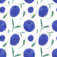 Watercolor blueberry seamless pattern. Blue berries and green leaves on white background. Seamless pattern with hand drawn elements