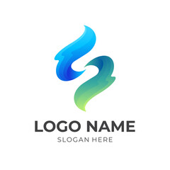 S wave logo design, letter S and wave combination logo with 3d blue and green color style