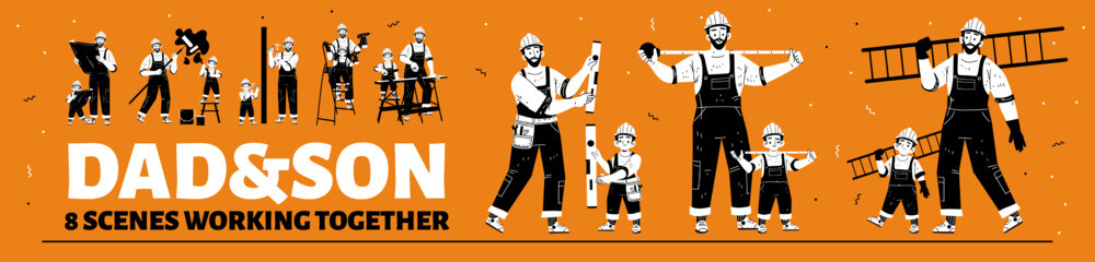 Dad and son builders working together. Father with child repair service workers in uniform. Parent with kid construction employees characters with tools, Cartoon Linear flat vector illustration, set