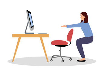 Businesswoman doing exercise in office concept vector illustration. Office syndrome prevention. Stretching exercise.