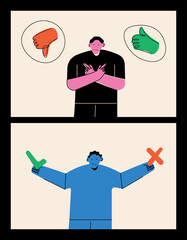 Collage. Men standing to choose YES or NO. Vector illustration cartoon character. Concept of choice, selection, answer, reply, accept of refuse. Use with advertisement or business. Hand drawn