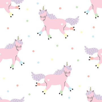 Seamless pattern with cute pink unicorn roller skating. Vector illustration