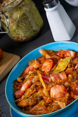 Polish bigos with sausage and mushrooms.