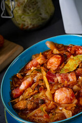 Polish bigos with sausage and mushrooms.