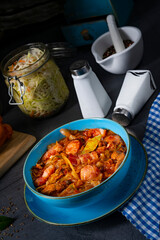 Polish bigos with sausage and mushrooms.