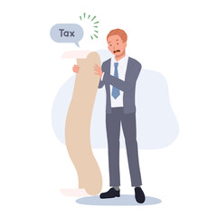 Big amount bill. tax bill, Businessman feeling shock with debt pay paper, shocked worried person reading money receipt. vector illustration