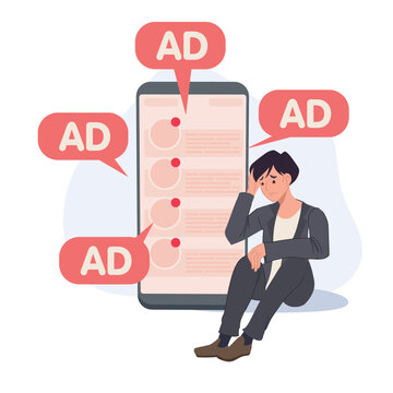 Annoying Notifications Online. Advertising On Smartphone. Sad Man Is Annoy Spam Ad. Vector Illustration