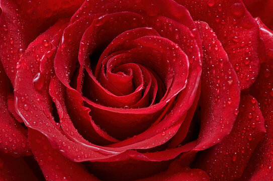 Big red rose in water droplets close-up. Erotic natural flower texture. Postcard with red petals