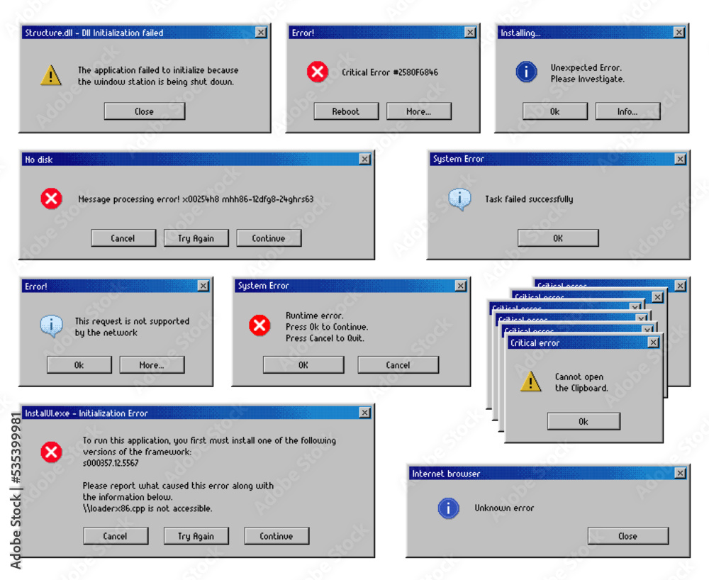 Fototapete Error message windows, computer system warning, vector, PC alert popup screen interface. Critical error message windows of runtime notification with continue, quit and reboot option for unknown error