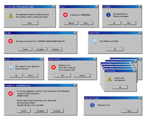 Error message windows, computer system warning, vector, PC alert popup screen interface. Critical error message windows of runtime notification with continue, quit and reboot option for unknown error