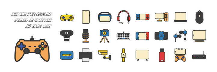 Gaming device icons. 25 icon collection with filled outline style © Nira Studio