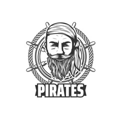 Pirates symbol or icon. Sailing sport team, ocean adventure and treasure search monochrome vector emblem with bearded filibuster or corsair in bandana and medieval ship wooden steering wheel