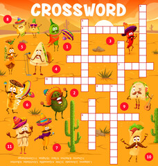 Cartoon mexican food characters crossword puzzle game grid, find a word quiz worksheet. Vector jalapeno, avocado, chile, quesadilla, enchilada, burrito, churros, nachos and taco, fajitas, chimichanga