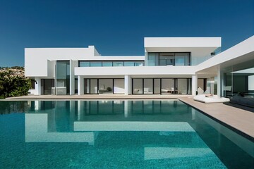 Contemporary white house with pool - obrazy, fototapety, plakaty