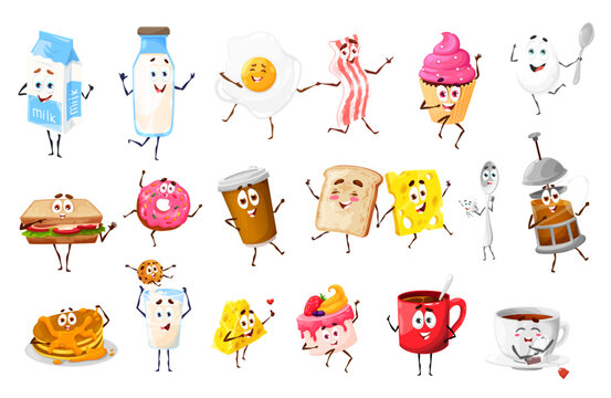 Funny cartoon breakfast food and drinks characters. Milk, scrambled egg and sandwich cute personage. Cake, donut and pancake desserts, bacon, toast and cheese, coffee, tea drinks vector characters set
