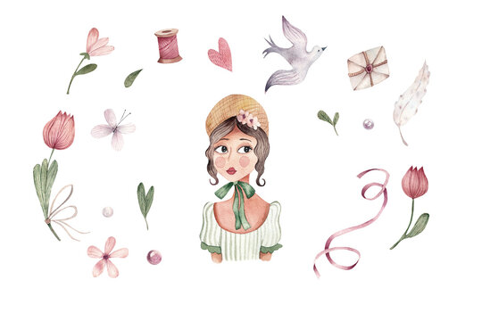 girl with a bouquet of tulips, watercolor illustration Jane Austen character