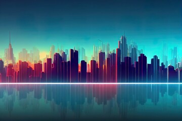 Fototapeta premium Future smart city skyline panorama 3D scene. Futuristic eco cityscape creative concept illustration skyscrapers, towers, tall buildings. Panoramic urban view of green ecology friendly megapolis town