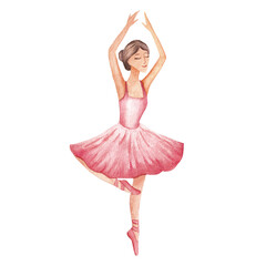  Watercolor illustration of a ballerina in a pink dress dancing ballet © Енлик Мухамедова