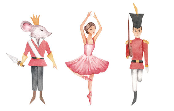 Watercolor illustration fairy tale character nutcracker, ballerina and rat