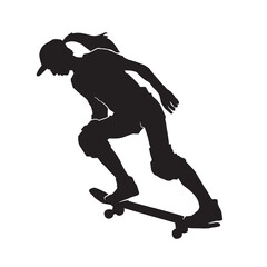 Black silhouette of skateboarder. Skateboard girl. Skateboarding trick ollie. Jump on skateboard. Vector illustration. Silhouette of a cute girl with long hair, with skateboard.