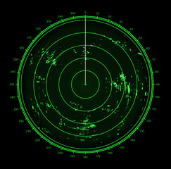 Ship radar or sonar screen, military target and aim scan circle, vector digital HUD technology. Ship sonar or signal radar scanner with location map monitor, submarine detection radar display - obrazy, fototapety, plakaty