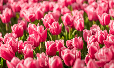 Obraz premium Blooming tulips. Spring floral background. Field of bright beautiful tulips close-up. Colorful tulips at the Holland Flower Festival. long banner